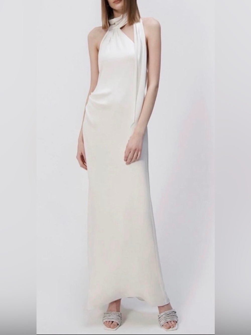 SIMKHAI Gown Vittoria Ivory Satin Maxi Dress Halter Neck Open Back New